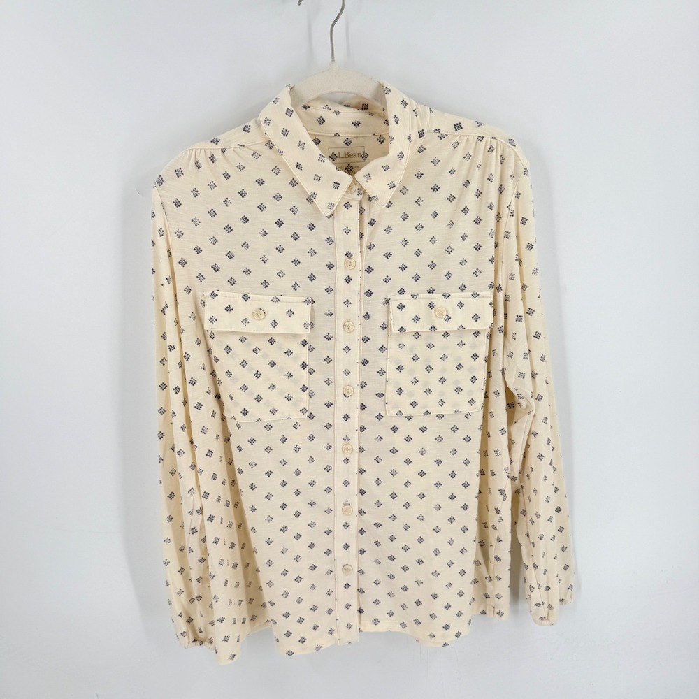 L.L. Bean Button Down Shirt Cream Large Stretch Tencel Utility Boho Cottagecore
